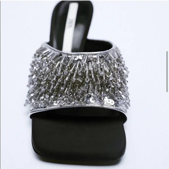 NWT Zara Party Sandals Heels Size 7.5 Open Toe Beaded Sparkly Slip On Sandals - Picture 9 of 11
